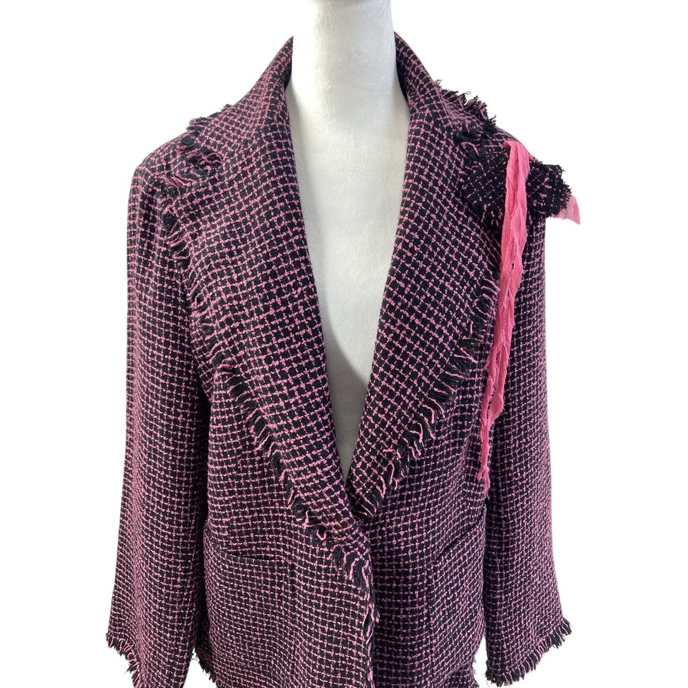 Silkland Blazer Womens 1X Pink Black Tweed Check Fringe One Button Lined Jacket